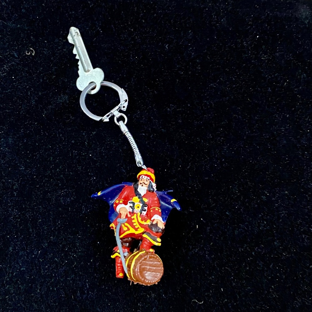 Vintage Captain Morgan Rum Keychain Pirate Figurine Leg Up On Barrel Promo Fob